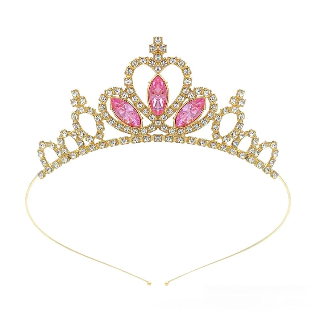 Gold-tone alloy princess crown with colourful simulated diamonds for birthday party dress-up
