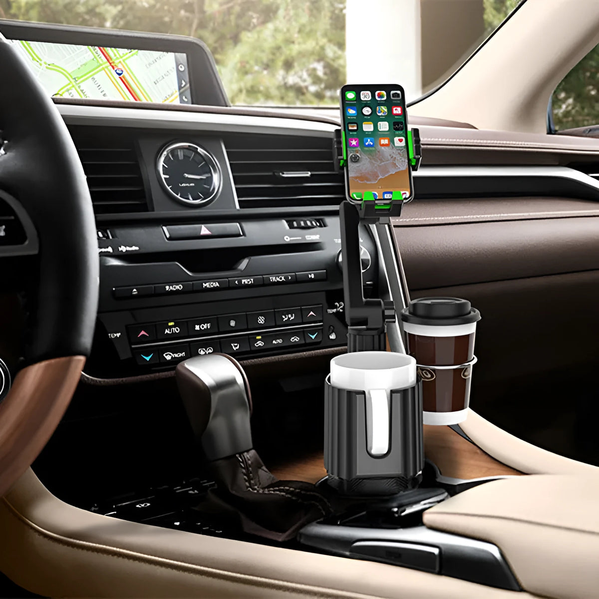 Green car cup holder extension tray with slots for a kettle and a mobile phone.