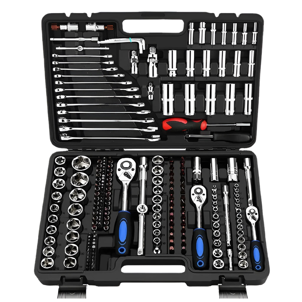 46-piece chromium vanadium steel socket ratchet wrench set with nickel-plated sockets for repair.