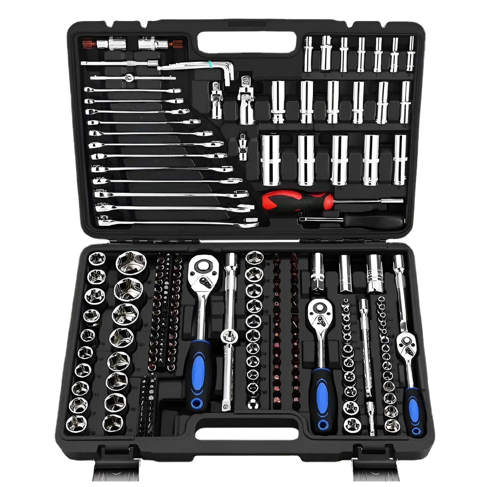 46-piece chromium vanadium steel socket ratchet wrench set with nickel-plated sockets for repair.