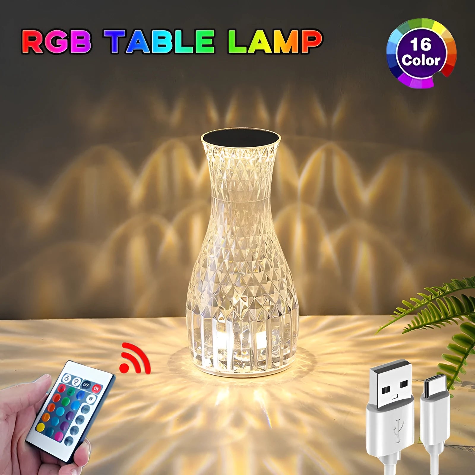 Vase-shaped transparent crystal table lamp with LED colour-changing lights on wooden surface
