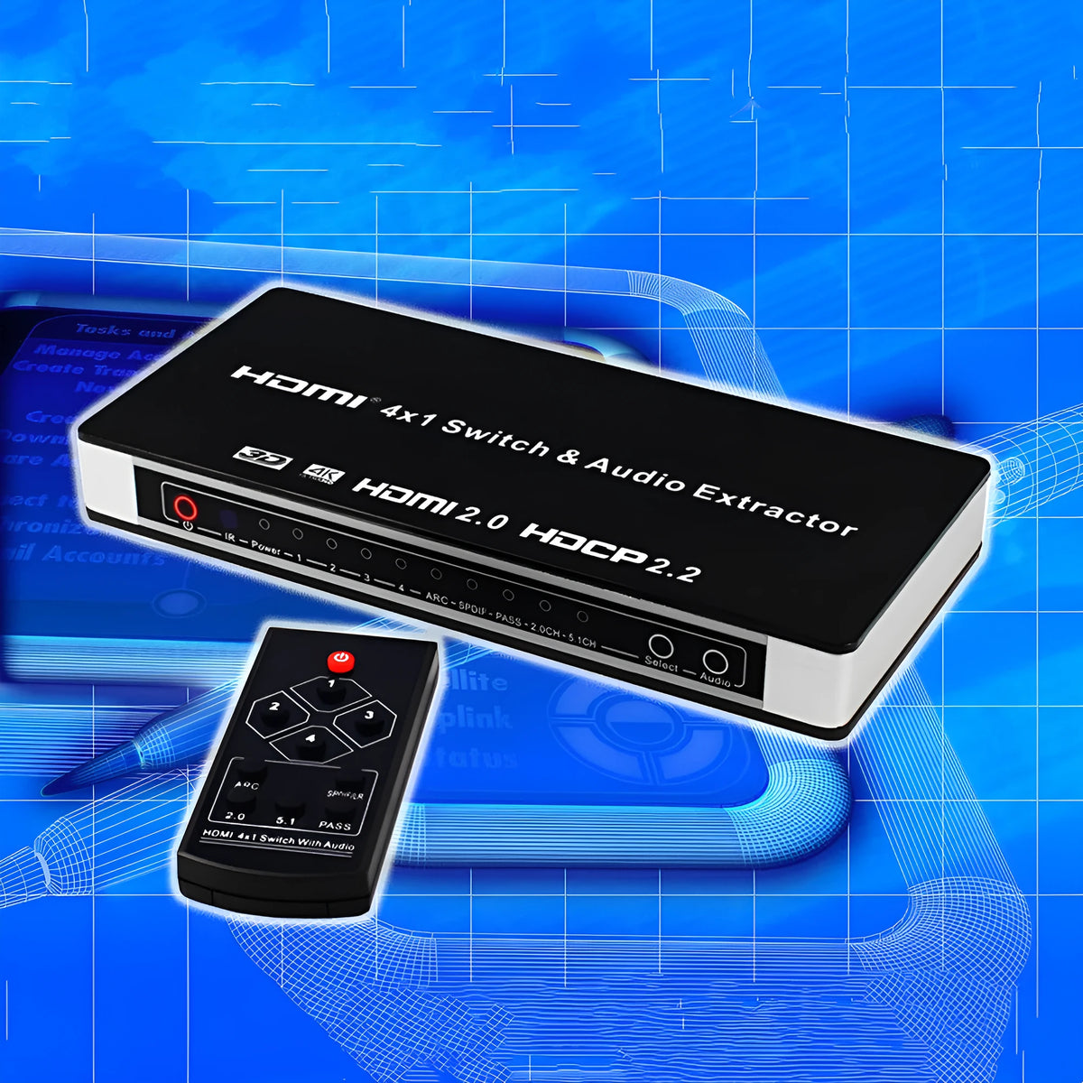 Black HDMI switch unit with four input ports, one output port, remote control, and power adapter.