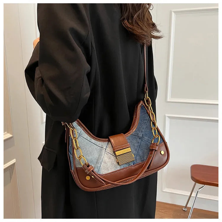 Brown denim women's shoulder bag with diamond chain straps and bucket shape design