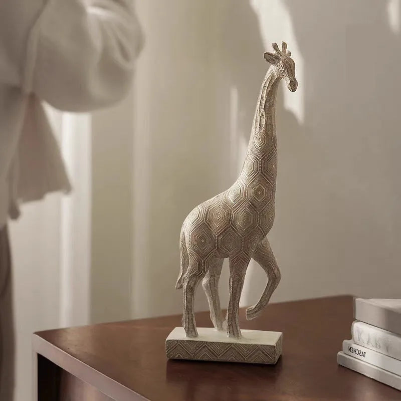 Wood-coloured synthetic resin giraffe ornament for home decoration.