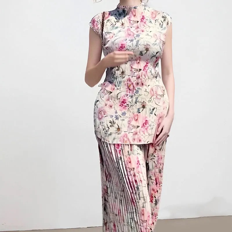 Long sleeve printed chiffon dress set with matching top and high waist design