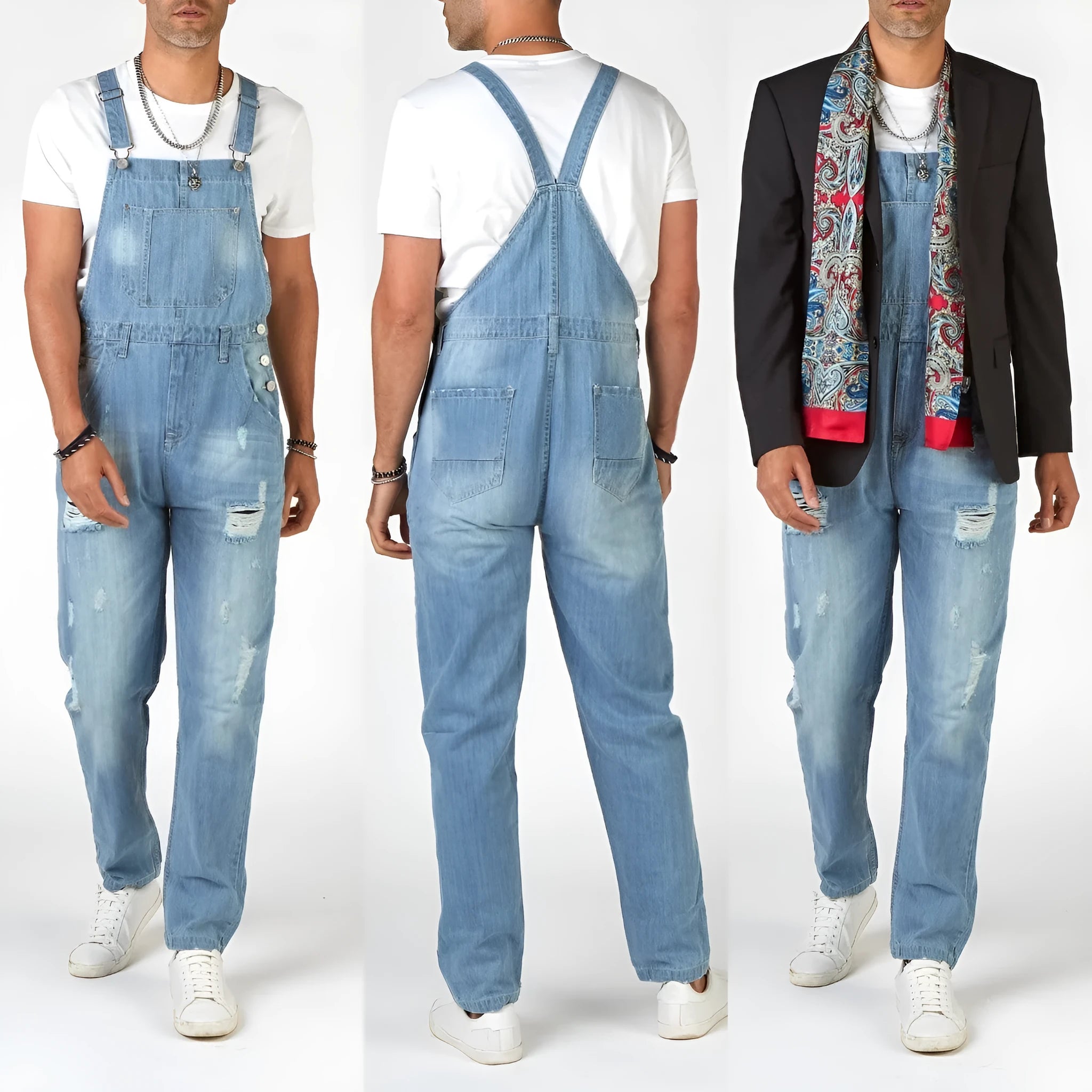 Men's light blue high-waisted suspender jeans with straight leg design and button fly closure