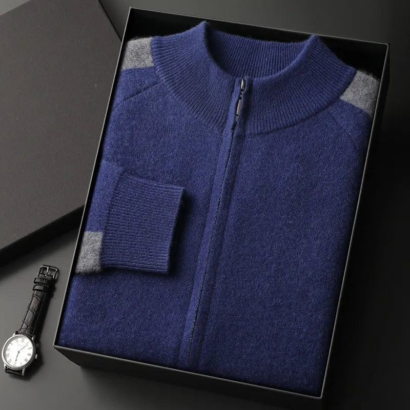 Cashmere wool blend men's sports cardigan suit with half turtleneck and matching trousers