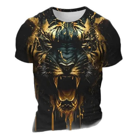 Men's short sleeve T-shirt with 3D tiger pattern digital print on thin polyester bird eye cloth