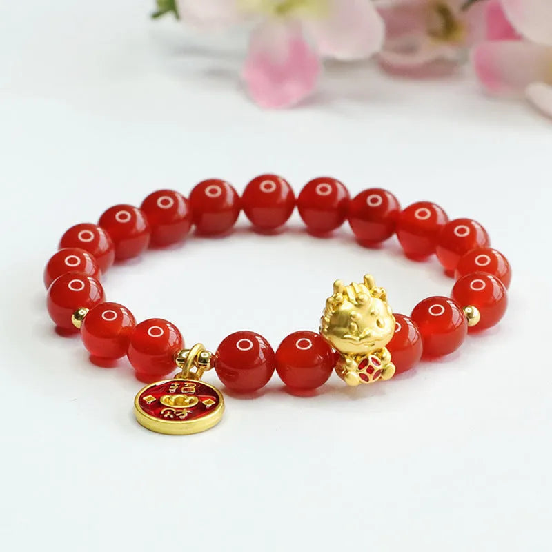 Red agate zodiac dragon bracelet with 8mm beads in Chinese style design