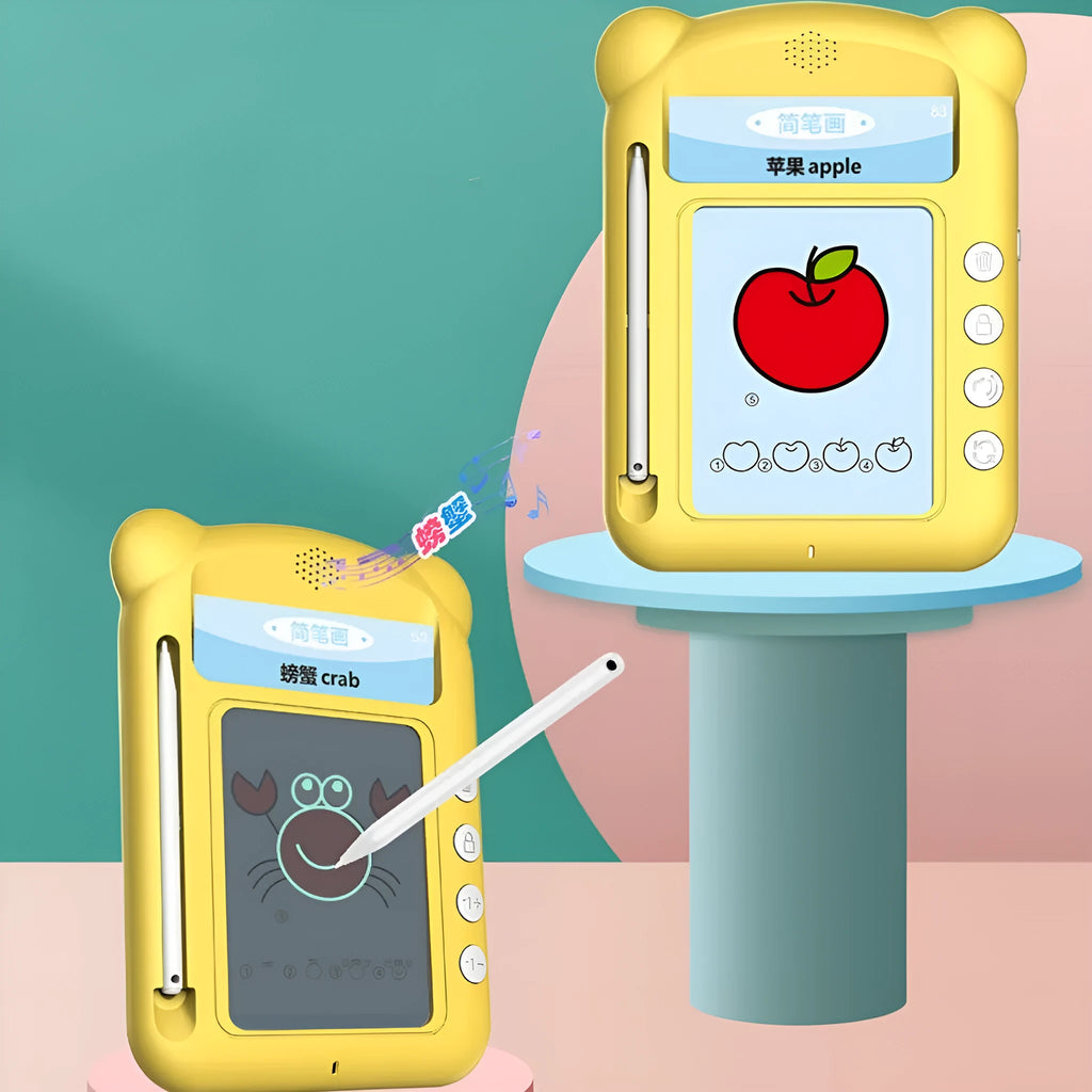 Yellow ABS plastic early learning machine with educational cards measuring 254mm long