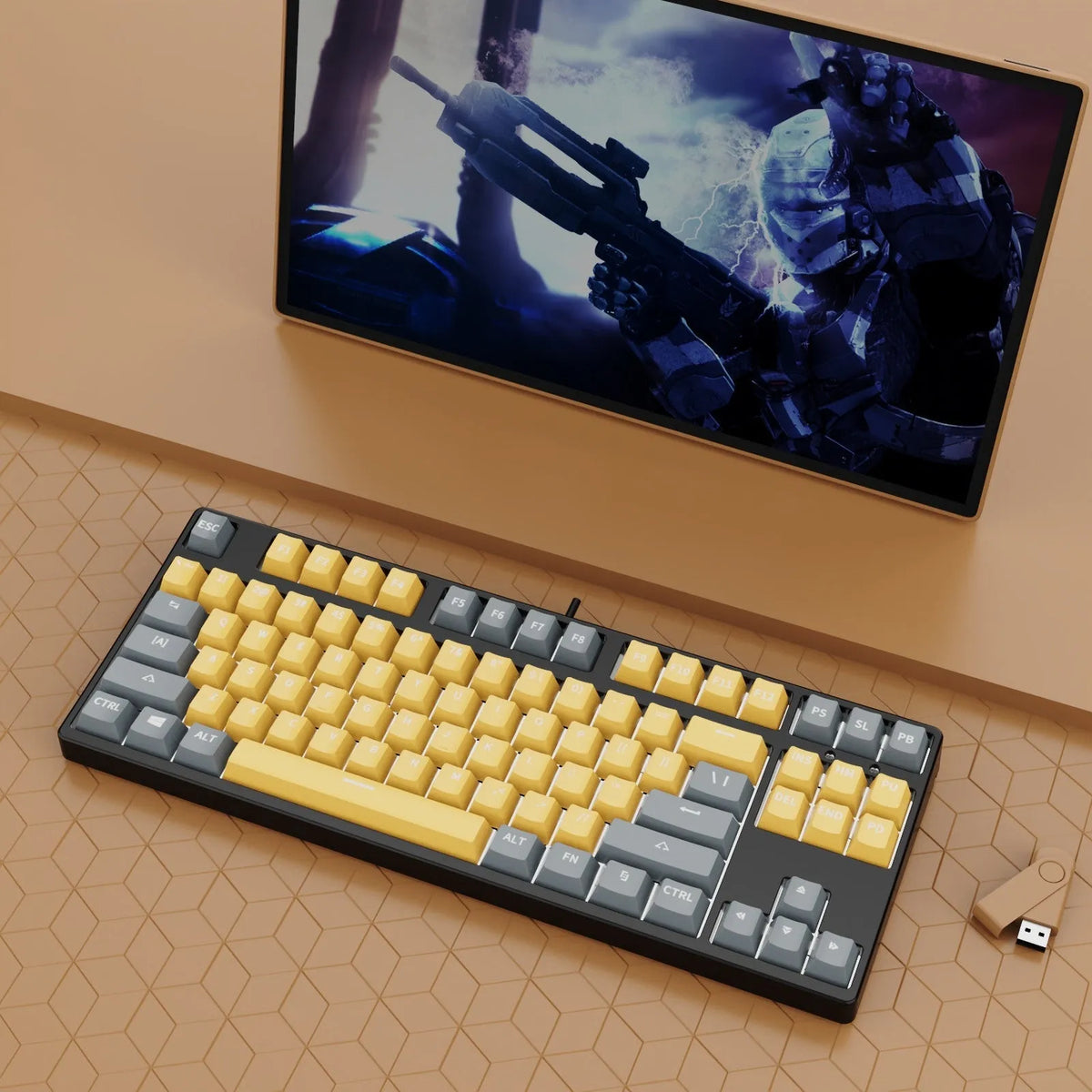 87-key wired mechanical keyboard with hot-swappable switches showing two-tone colour options