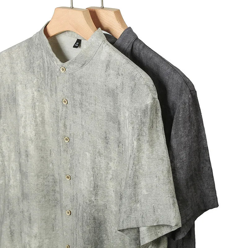 Men's loose fit cardigan shirt with stand collar in solid grey colour