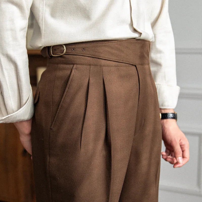Men's high waist straight leg casual trousers in polyester fabric showing colour options