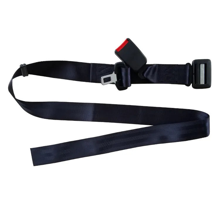 Adjustable black maternal car seat belt support with press buckle, shown wrapped around a vehicle seat belt.