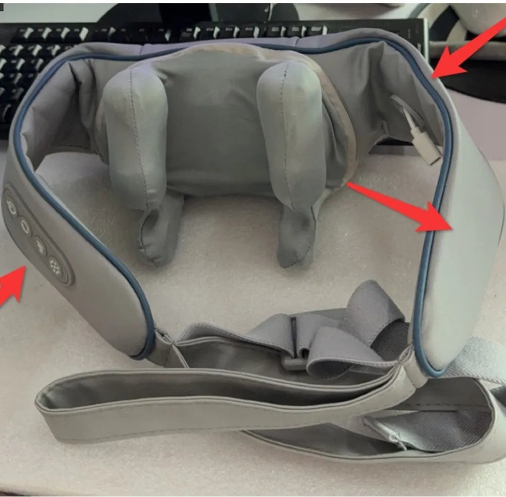Gray portable USB rechargeable neck and back massager with elastic fabric construction.