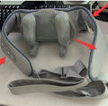 Gray portable USB rechargeable neck and back massager with elastic fabric construction.