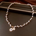 Gold electroplated zircon pearl round pendant necklace on adjustable 41-50cm clavicle chain