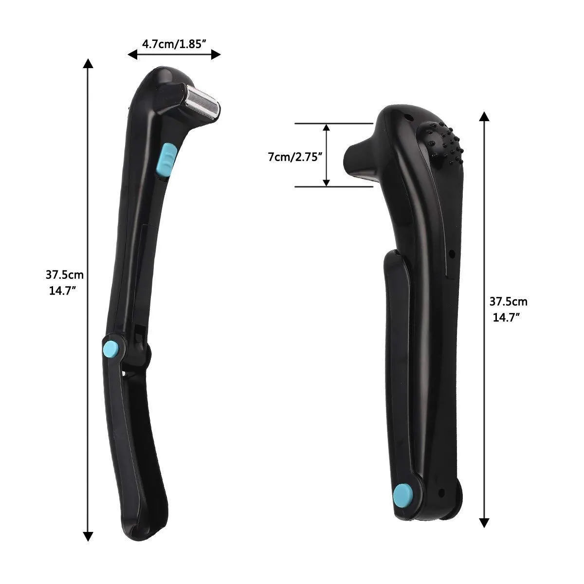 Black folding body electric shaver for dry hair removal on closed white background.