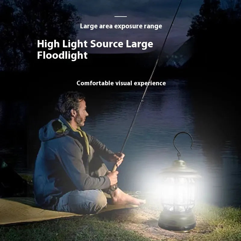Portable camping lantern in dark green, black, or red colours showing compact 16.6cm size with battery or rechargeable power options