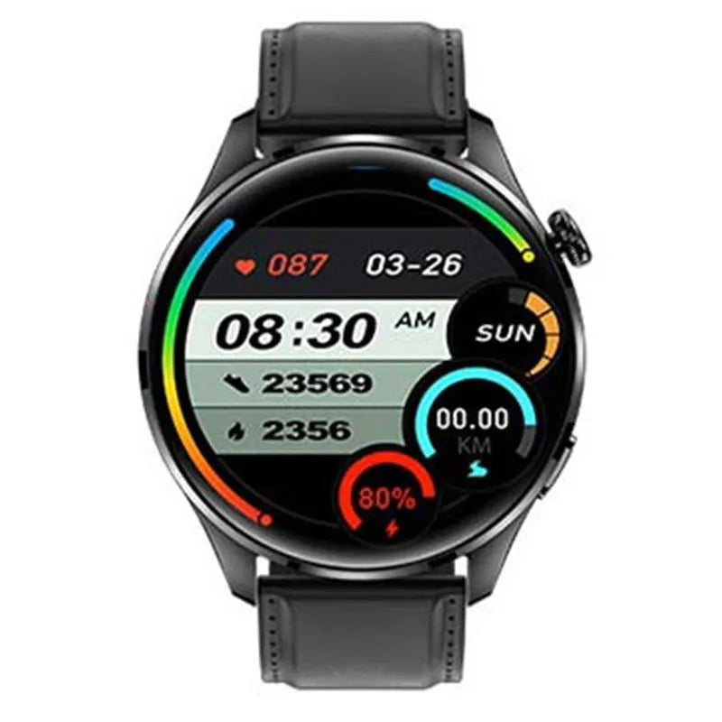 Smart watch with round colour touch screen showing interface, featuring zinc alloy case and black silicone strap