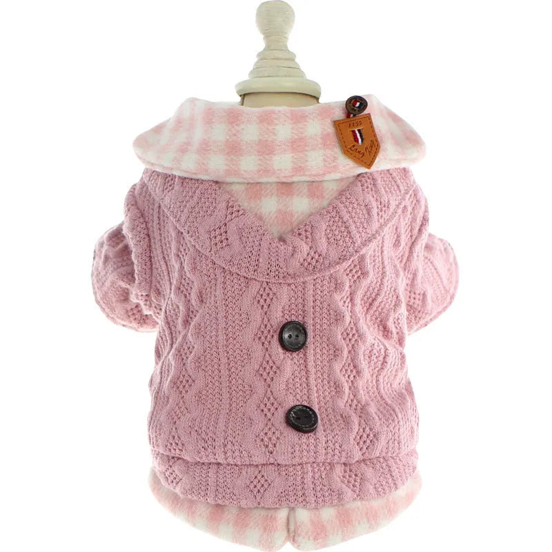 Blue wool plaid dog sweater with fleece lining and fake two-piece design on medium-sized dog