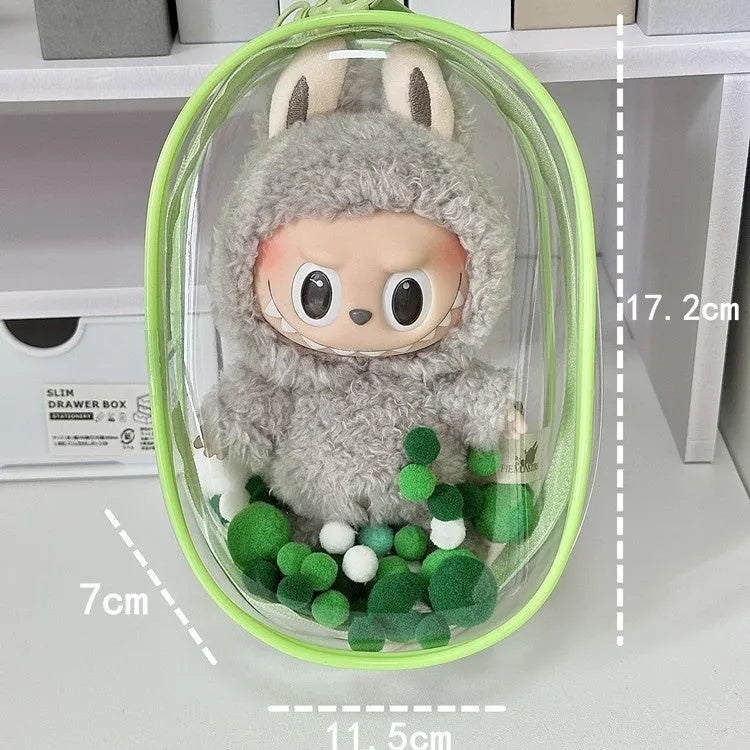 Transparent PVC cube storage bag for cotton dolls with colourful ball keychain in 17cm size.