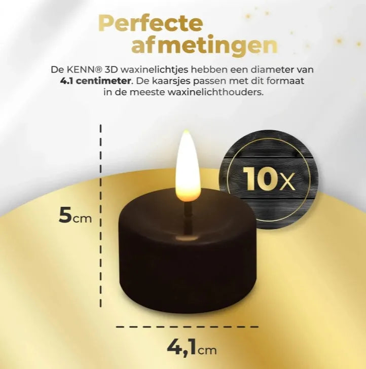 Four black plastic LED tealight candles showing their size and colour.