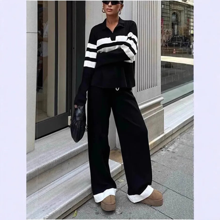 Women's black knitted two-piece set with polo collar and striped contrast colour design