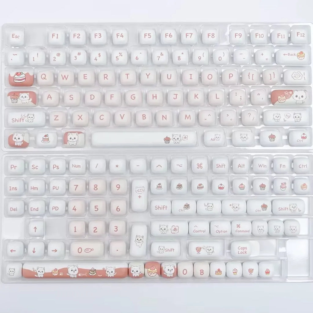Round MOG profile mechanical keyboard keycaps featuring cute dessert cat sublimation design in boxed or bagged packaging