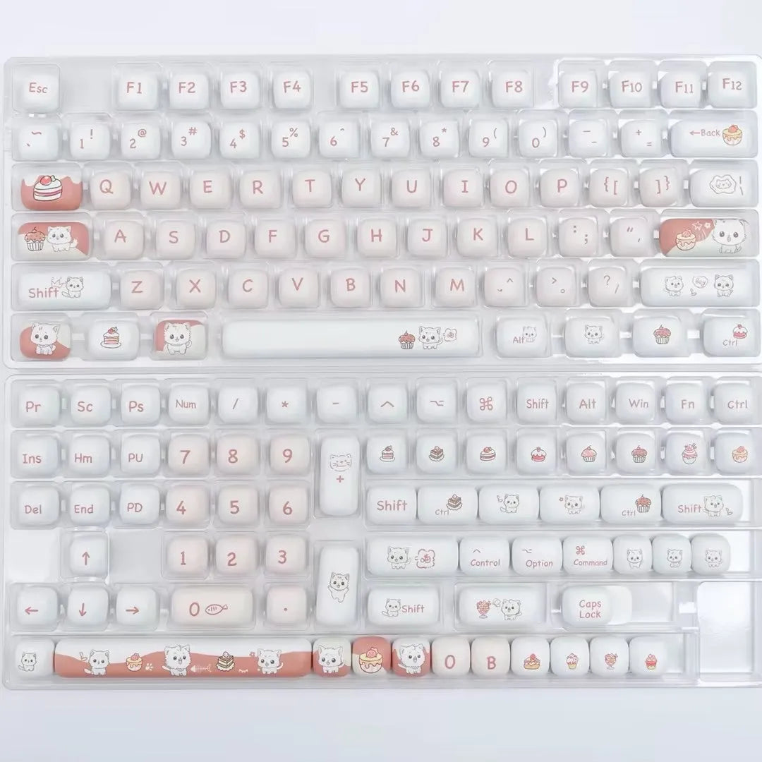 Round MOG profile mechanical keyboard keycaps featuring cute dessert cat sublimation design in boxed or bagged packaging