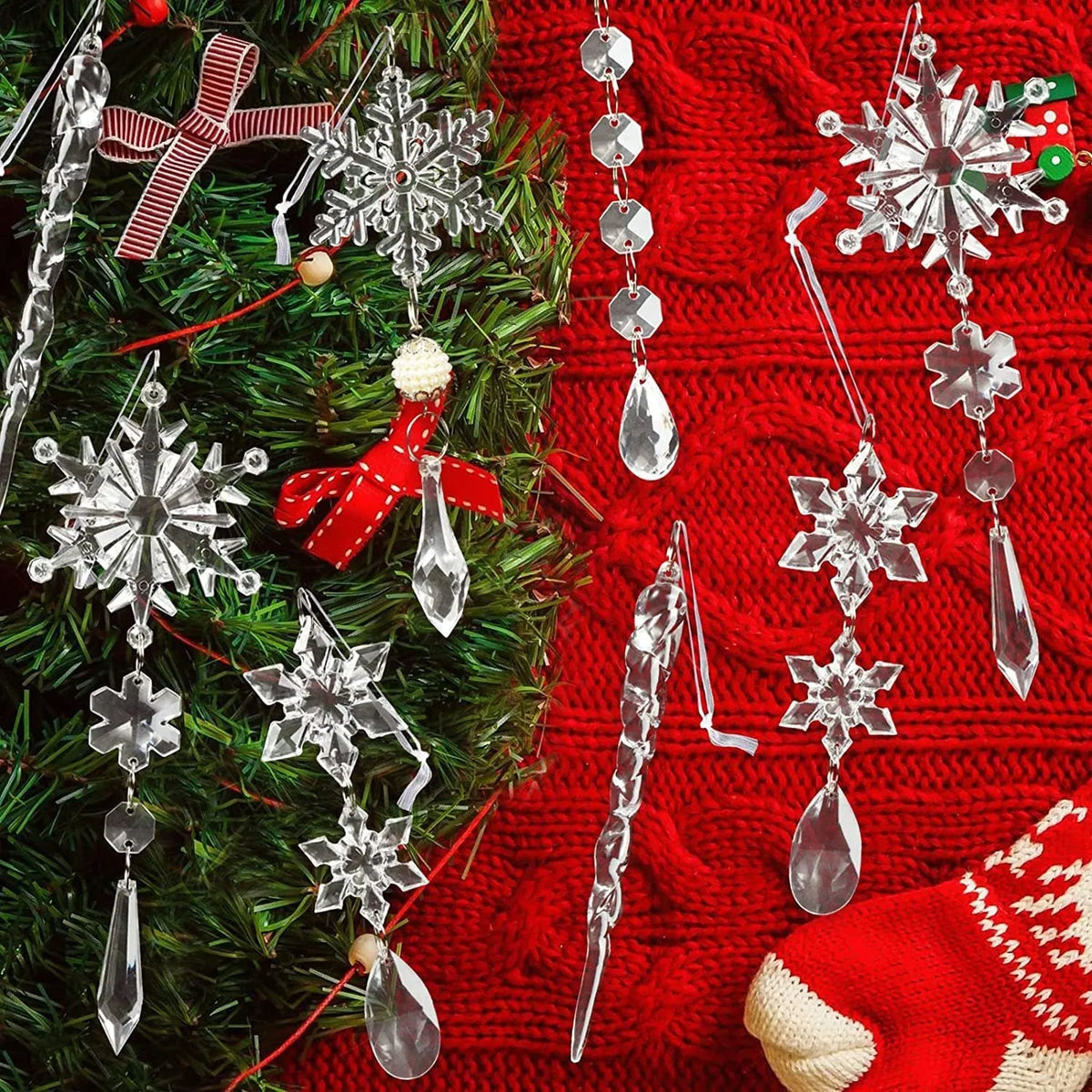 10pcs clear acrylic ice cone Christmas tree ornaments with ribbon for Xmas ceiling and home decor