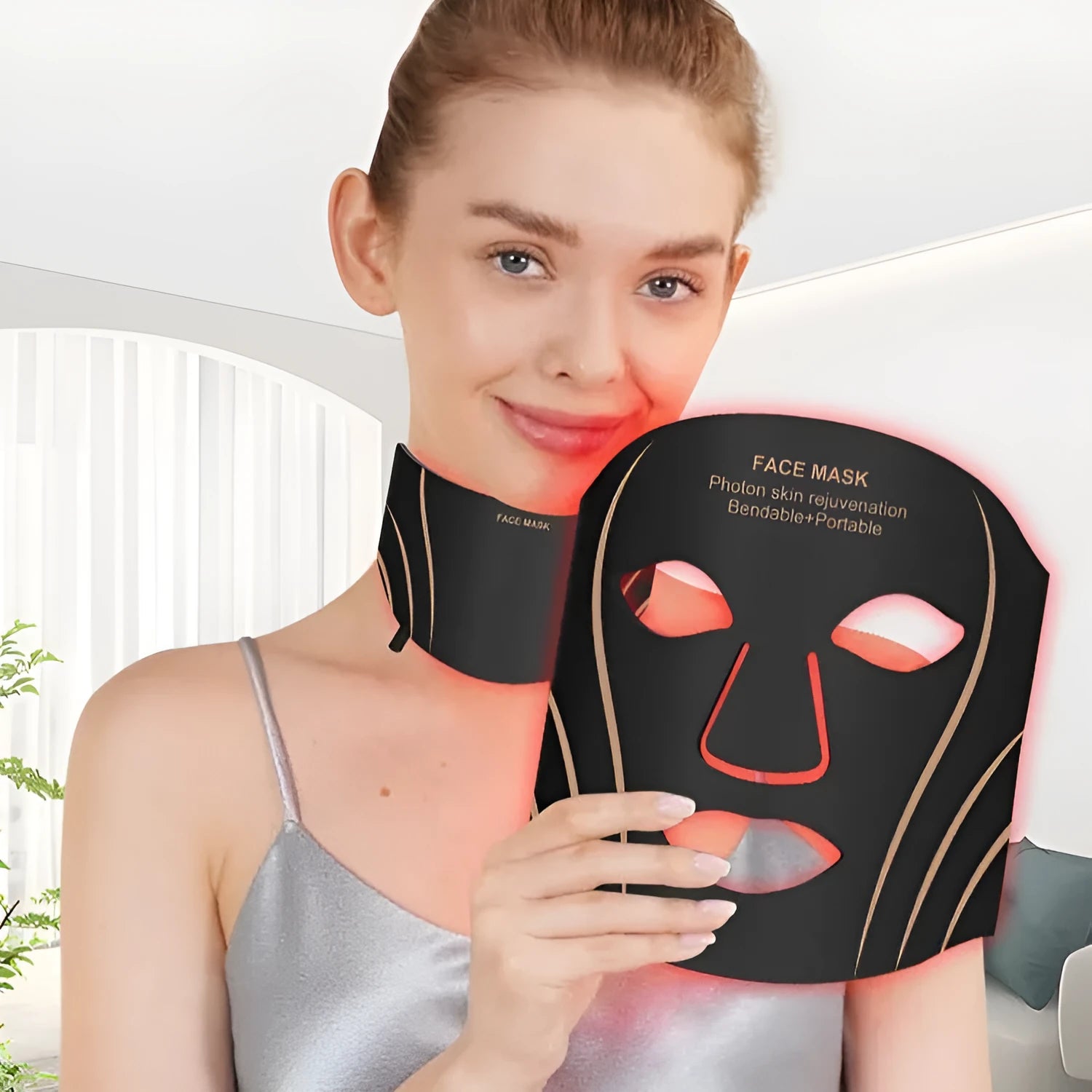 Black gold facial mask IPL device with LED lights and touch screen controls on headband