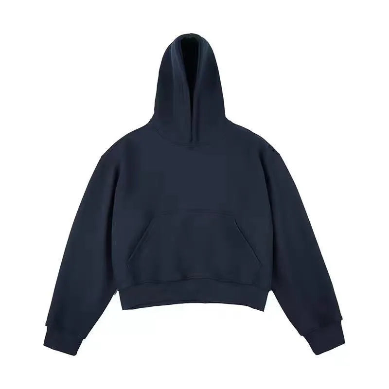 Short dark grey Chinese cotton composite hooded sweater with a removable hood on a model.