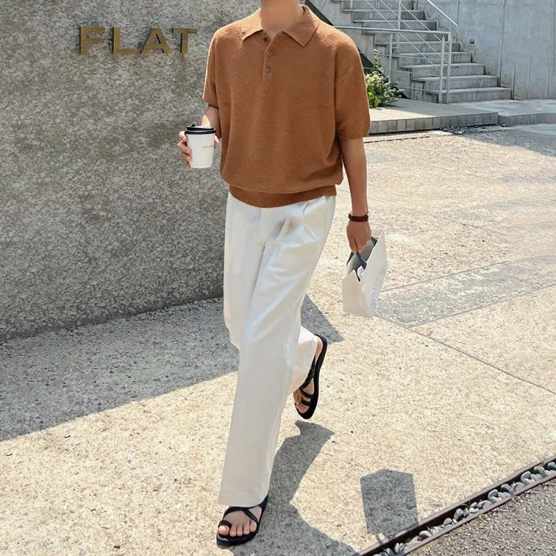 Men's knitted polo shirt short sleeve in caramel colour with asymmetric detailing and loose fit design
