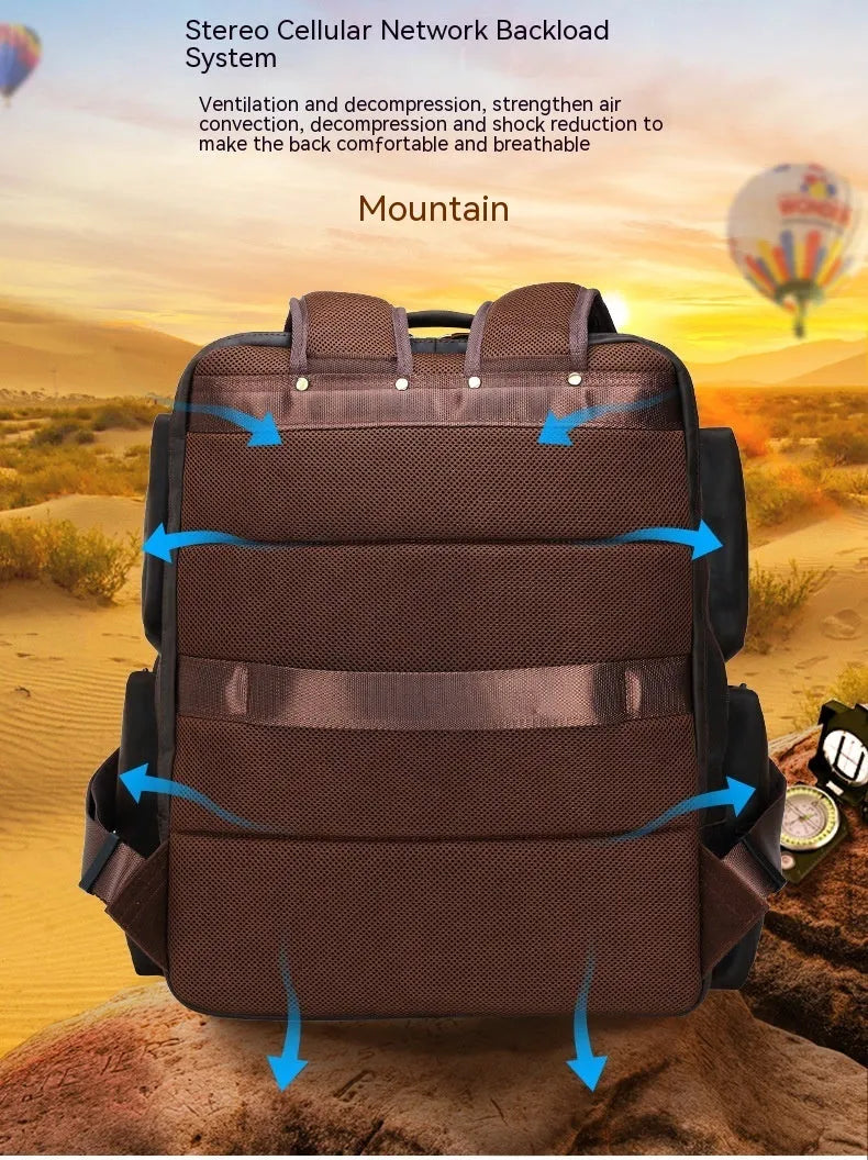 Dark brown genuine leather men's backpack showing 17-inch computer compartment and multiple interior pockets
