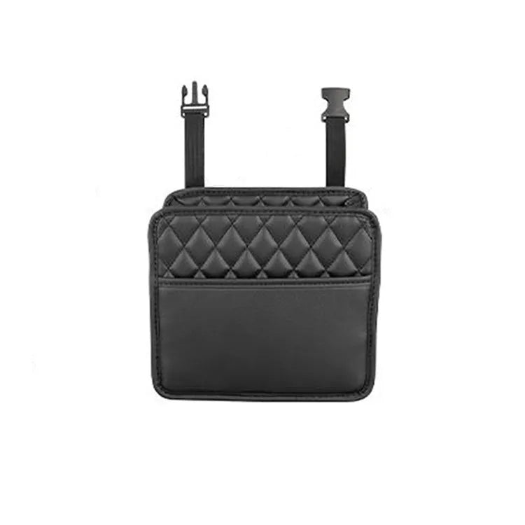 Black leather hanging storage bag for car interior, shown mounted on a headrest.