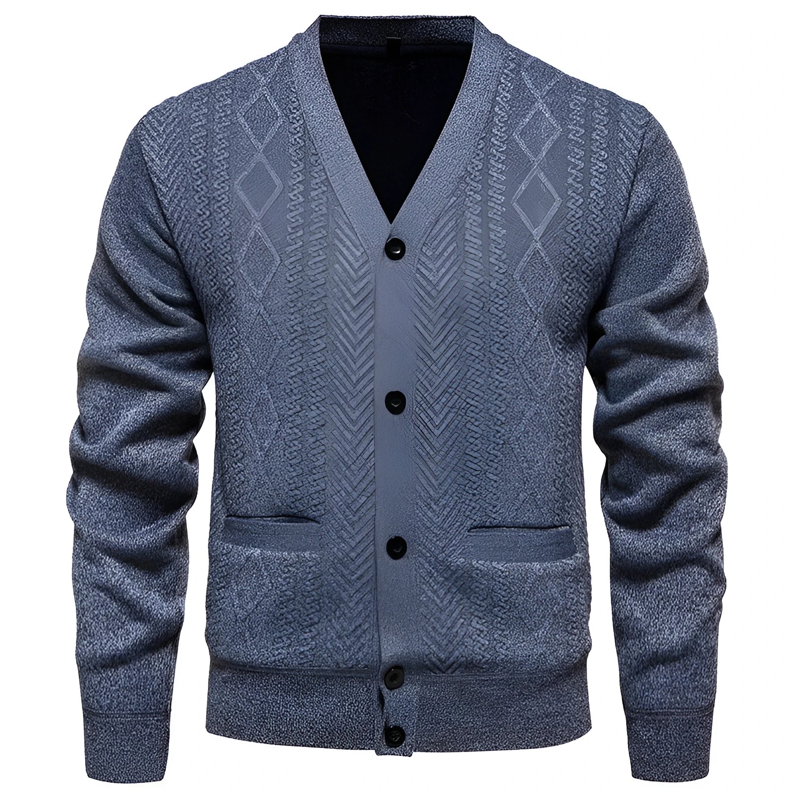 Men's brown striped cardigan sweater with long sleeves and a wool lining.