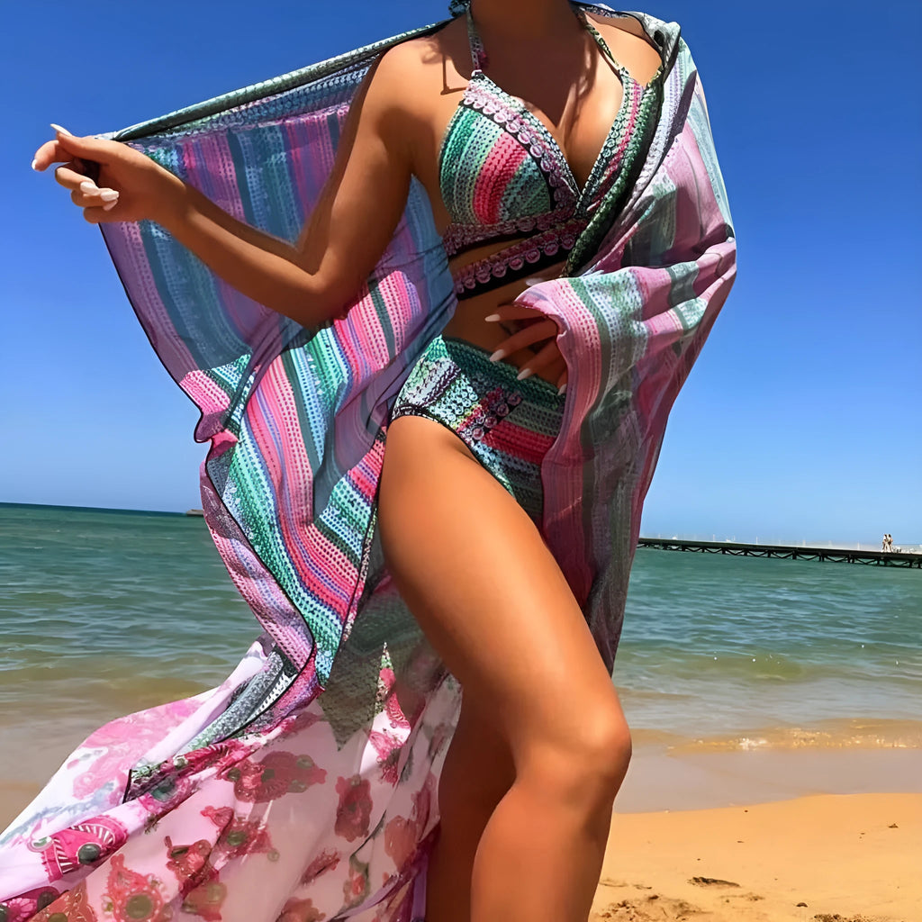 Women's high waist bandage bikini set with cross-back bra and split hem briefs in blue colour