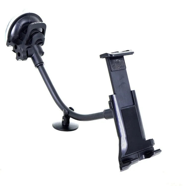 Black vehicle-mounted tablet and phone holder with lifting bracket and long suction cup arm.