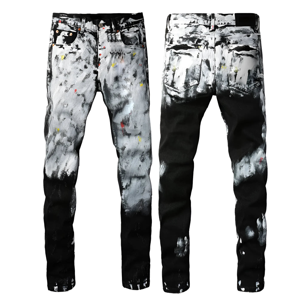 Men's black slim fit skinny jeans with straight leg retro styling and button fly