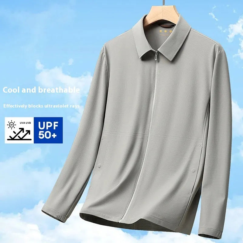 Navy blue summer business shirt with lapels made from ice silk sun protection fabric.