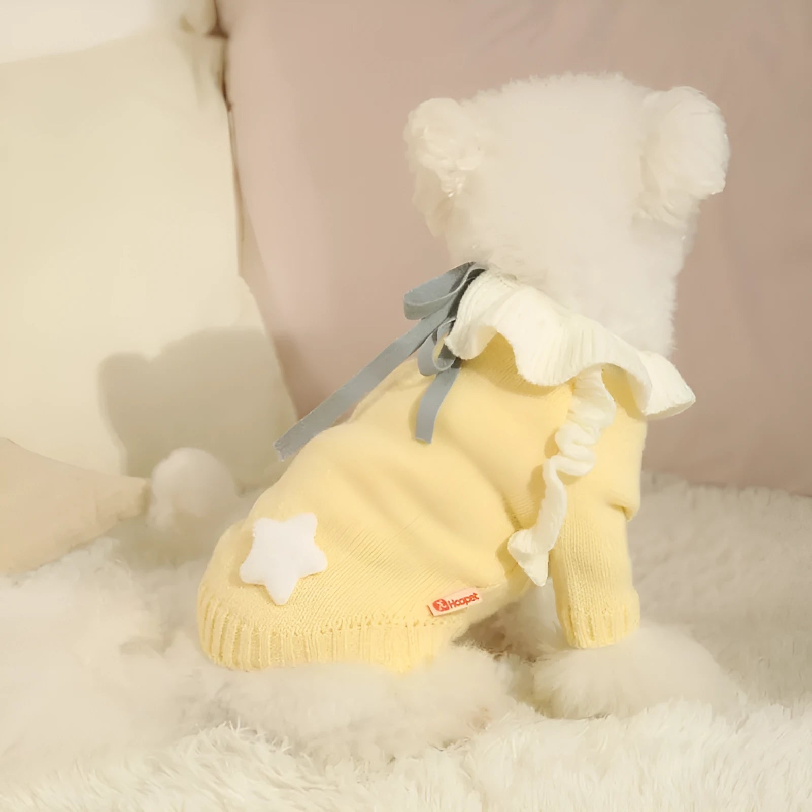 Autumn acrylic puppy sweater in yellow XINGX design with size chart showing measurements