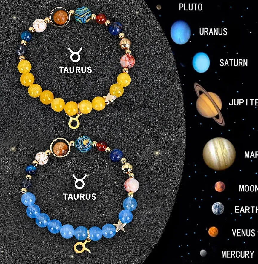 Natural stone beaded zodiac bracelet set showing adjustable elastic cord and twelve astrology sign designs
