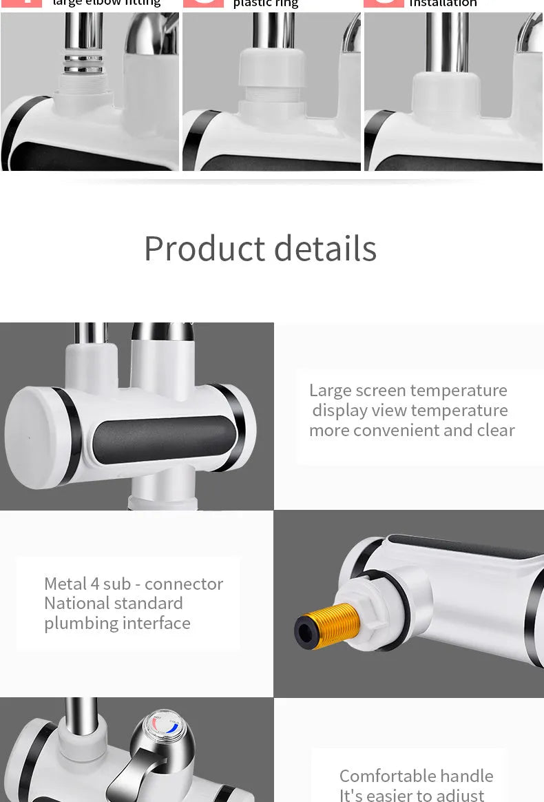 White electric kitchen water heater with digital temperature display and instant hot water function