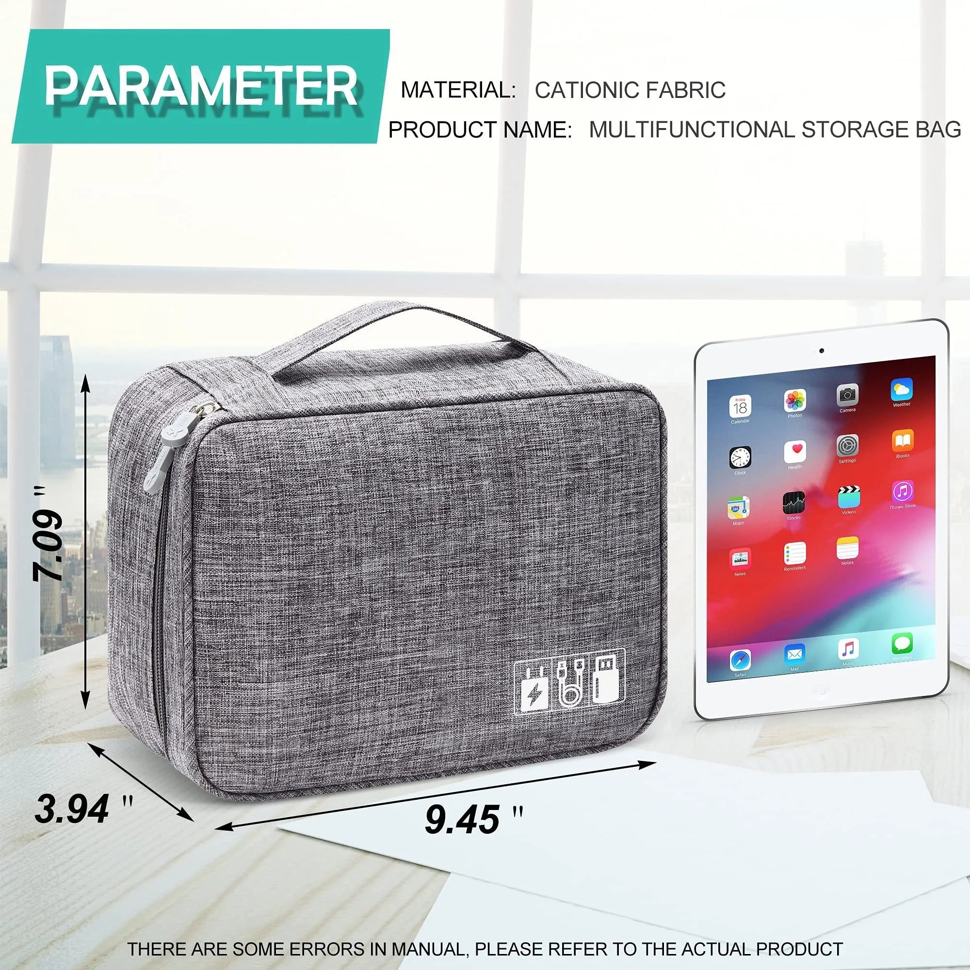 Black waterproof electronic cable organiser bag open to show mesh pockets, elastic loops, and removable padded dividers.