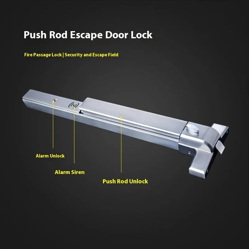 Stainless steel external push lock handle for a 65cm wide fireproof door.