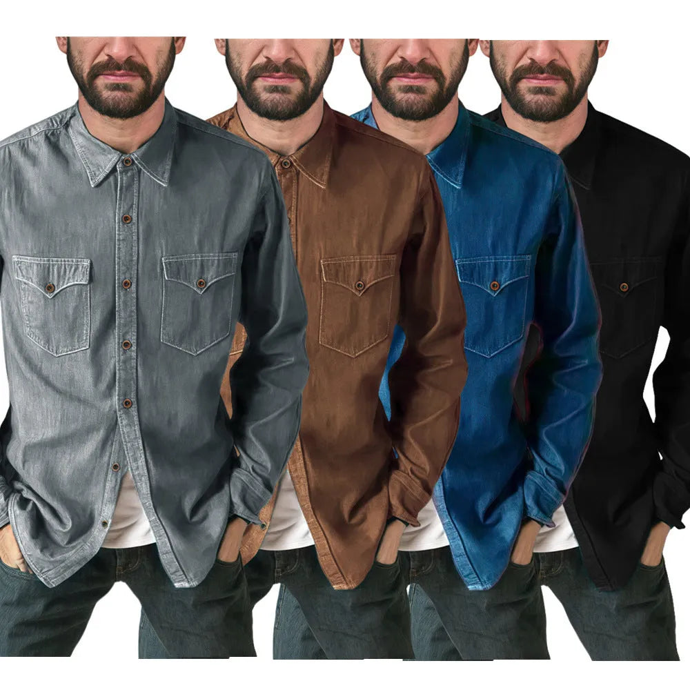 Men's denim cardigan coat in khaki, black, blue, or grey showing cardigan style and regular fit