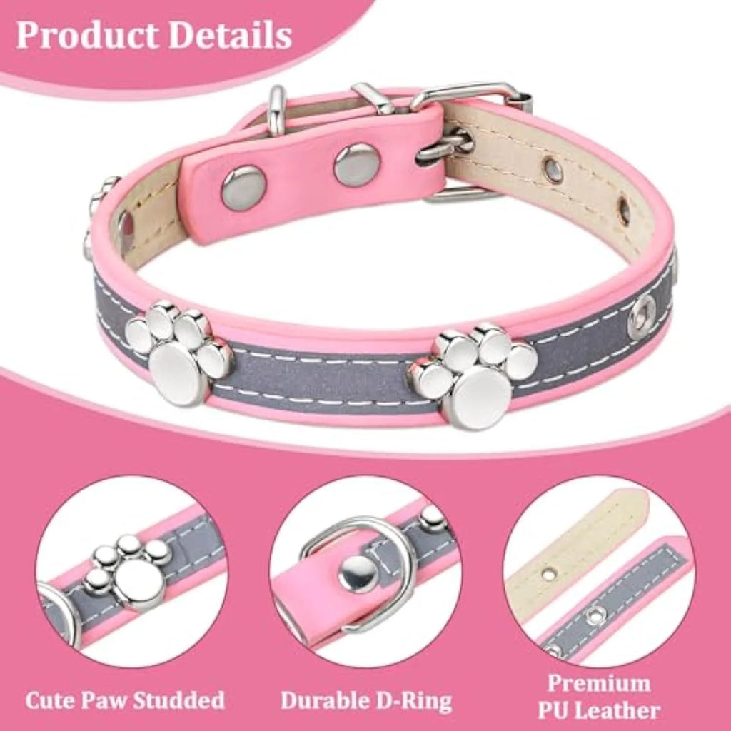 Reflective brown leather dog collar with metal buckle and cute paw-shaped rivet detail.