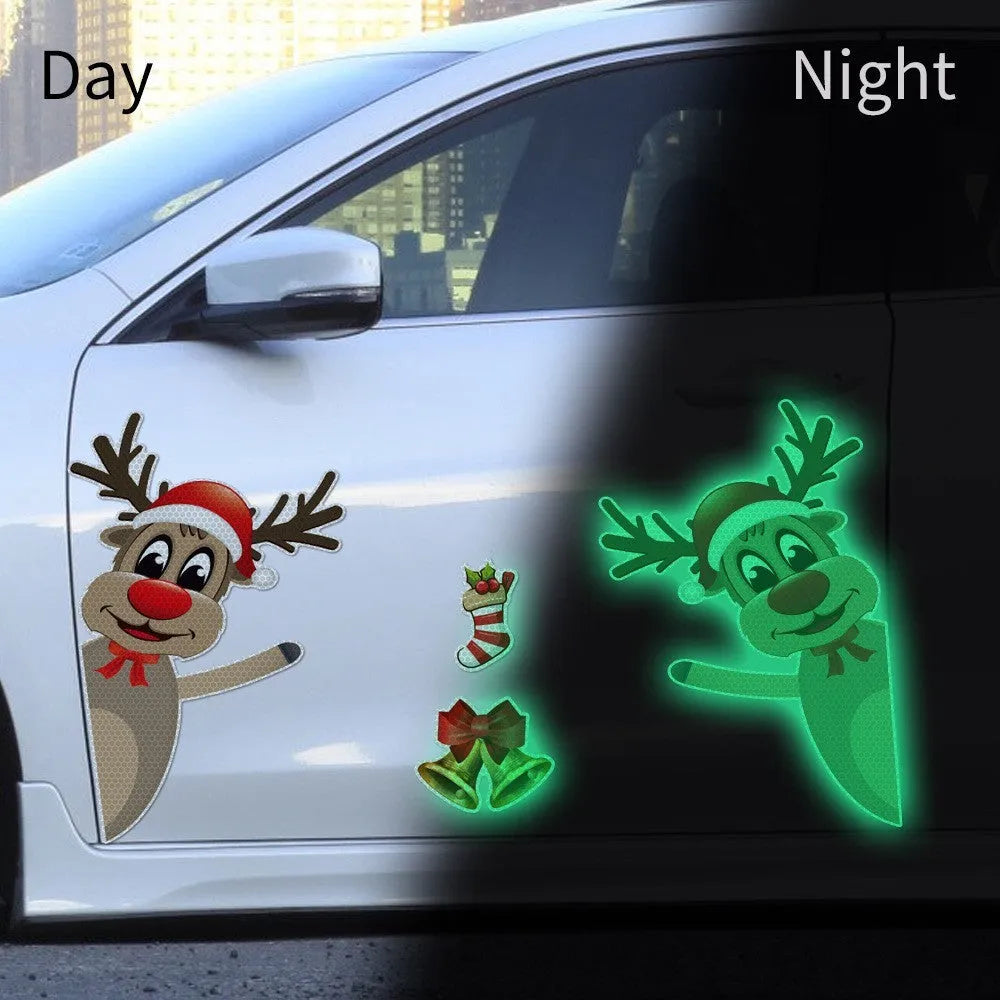Set of magnetic Christmas car bumper stickers with a reflective luminous elk and bells cartoon design