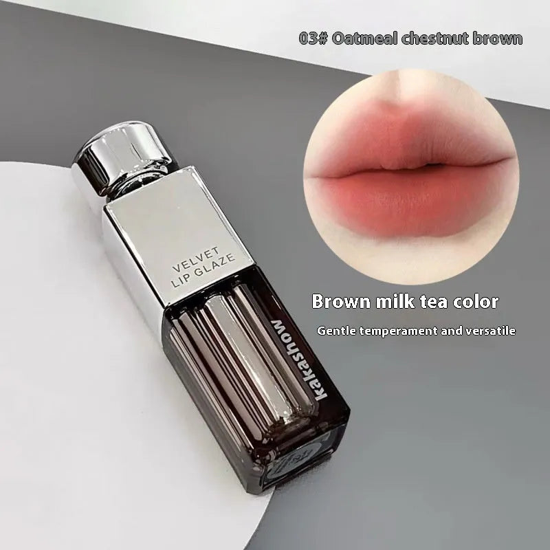 Kakashow matte velvet lipstick in a case, shade options displayed.